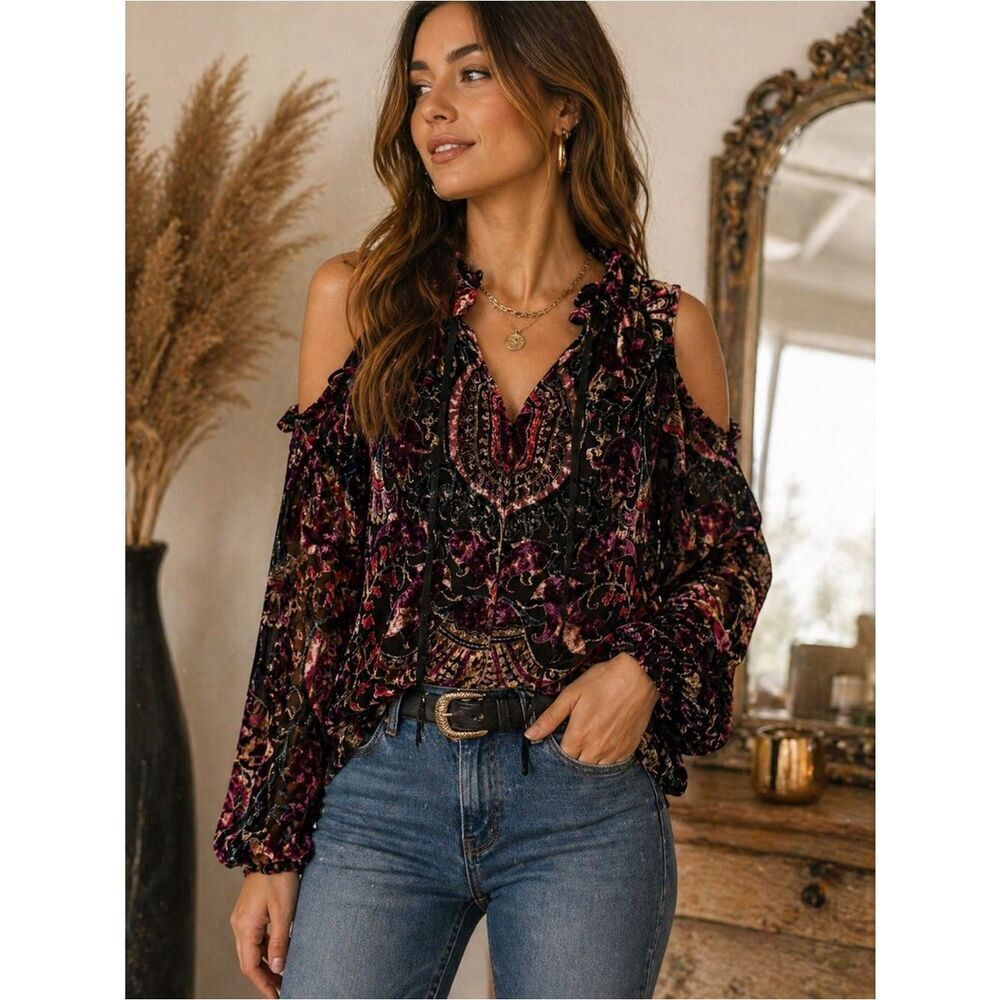 Parker Marjorie Velvet Burnout Paisley Cold Shoulder Blouse Boho Small